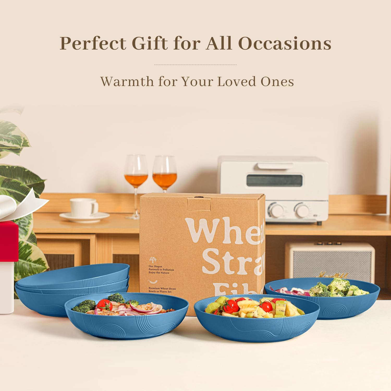 Homienly Salad Bowls 65 OZ Large Serving Bowls 10 inch Wheat Straw Big Bowl Set of 6 Plastic Bowls Wide and Shallow Bowl for Kitchen Microwave & Dishwasher Safe-Navy Blue - Image 7