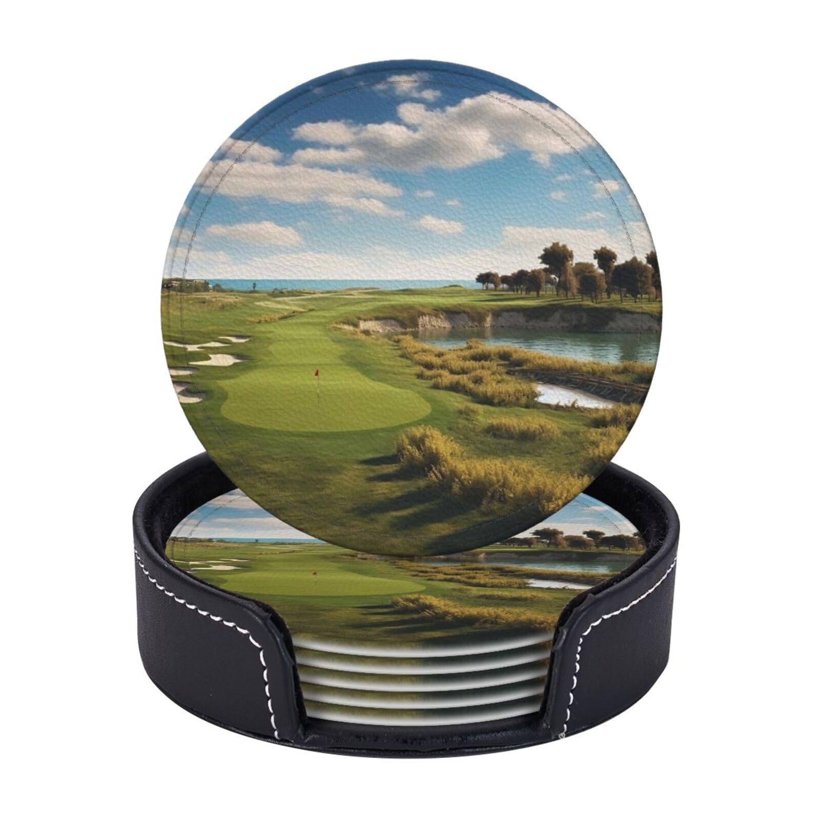 Drink Coasters Set of 6 Waterproof Non-Slip Leather Coasters with Holder Round Mug Mat Golf Course Coasters for Drinks Tabletop Protection Cup Pad for Coffee Table Bar Home Decor