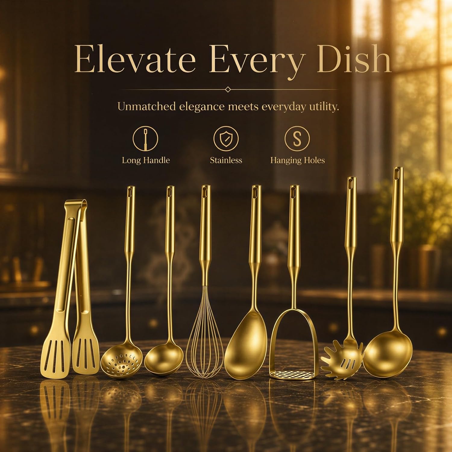 16 Pcs Stainless Steel Gold Cooking Utensils Set with Long Handle