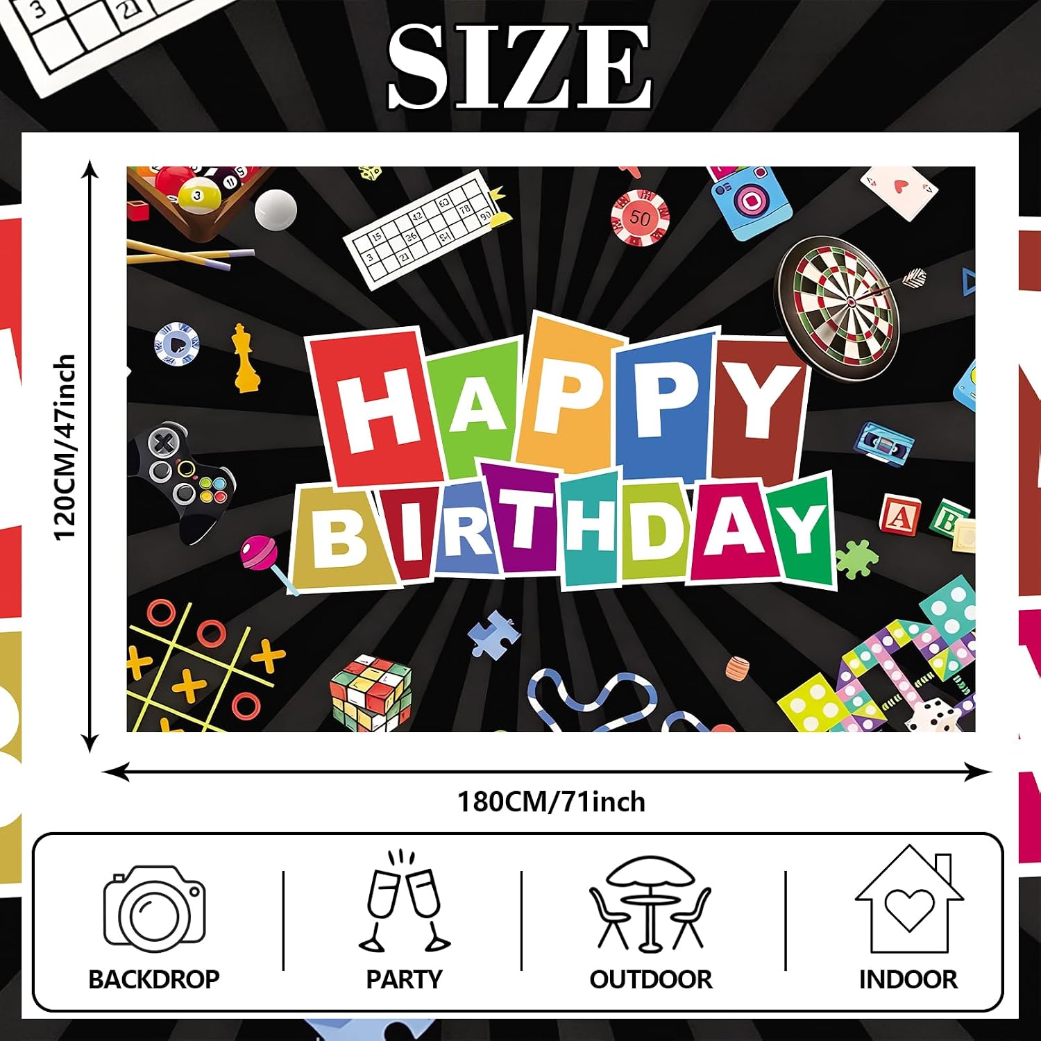 Casino Poker Bingo Game Night Happy Birthday Banner Family Video Game Board Game Theme Banner Photography Background Men Women Happy Birthday Party Photo Booth Props image 2