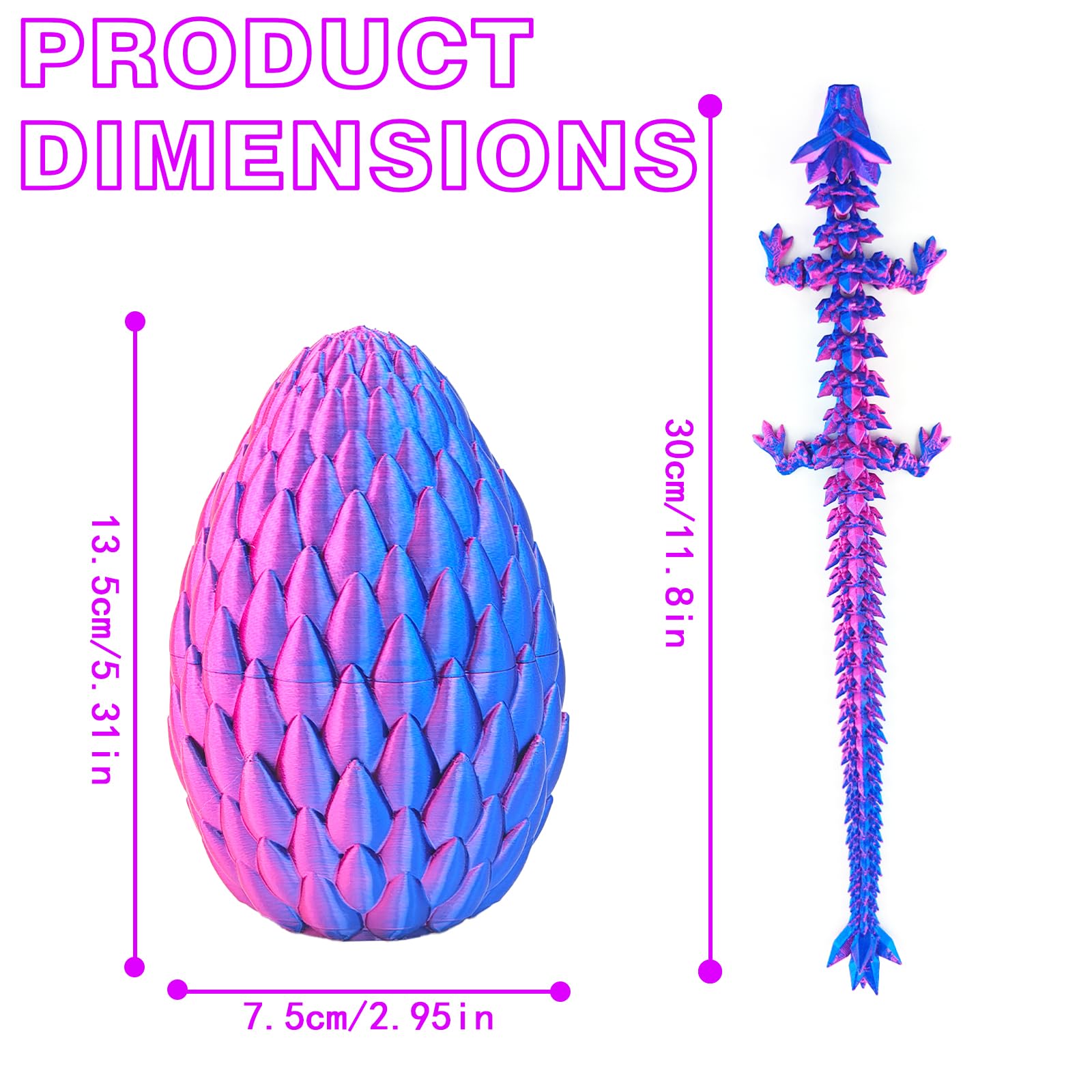 12inch 3D Printed Dragon Egg,Mystery Crystal Dragon Fidget Toys,Articulated Dragon,Home Desk Decor Easter Surprise Dinosaur Eggs,Adults Fidget Toys for Autism/ADHD (Laser Purple)