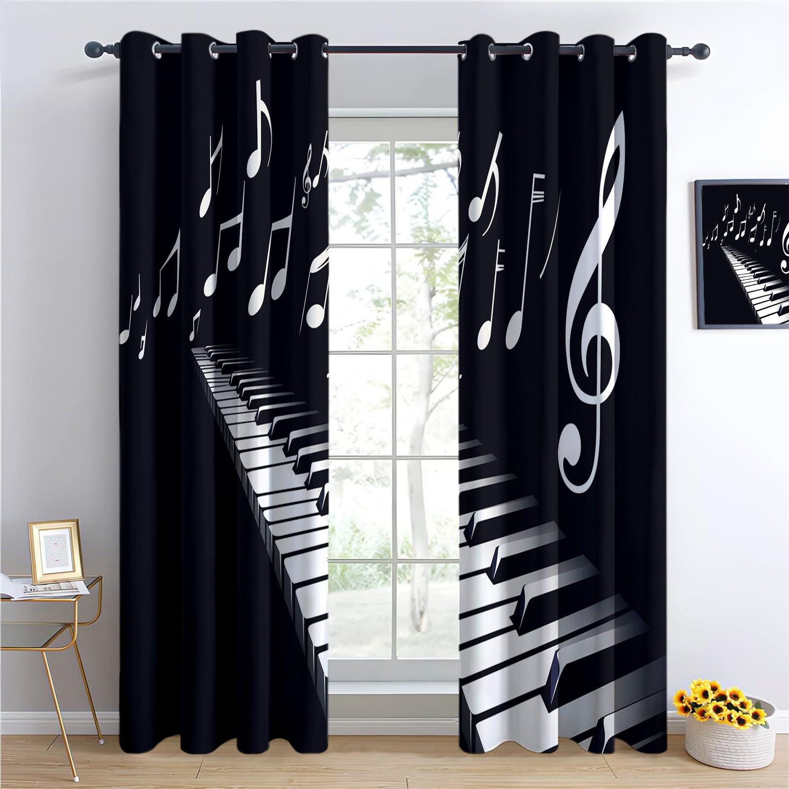 Thème Musical Piano Notes De Musique Rideau Occultant Thermique 117 x 229 cm Lot de 2, Fenetre Rideaux Salon Intérieur Maison Occultant Isolant Thermique Anti Froid, Noir