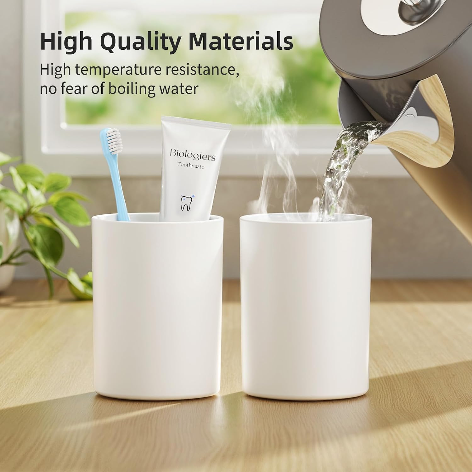 Toothbrush Cup 13.75oz 390ml with Non-Slip Pad, Easy to Clean Bathroom Cup 2Pcs, Reusable Plastic Bathroom Tumbler, White