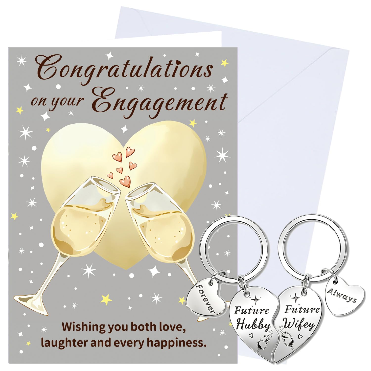 XINDY Congratulations on your Engagement Card, Future Hubby & Wifey Matching Heart Keyring, Engagement Gifts for Couples for Fiancé Fiancée Him Her
