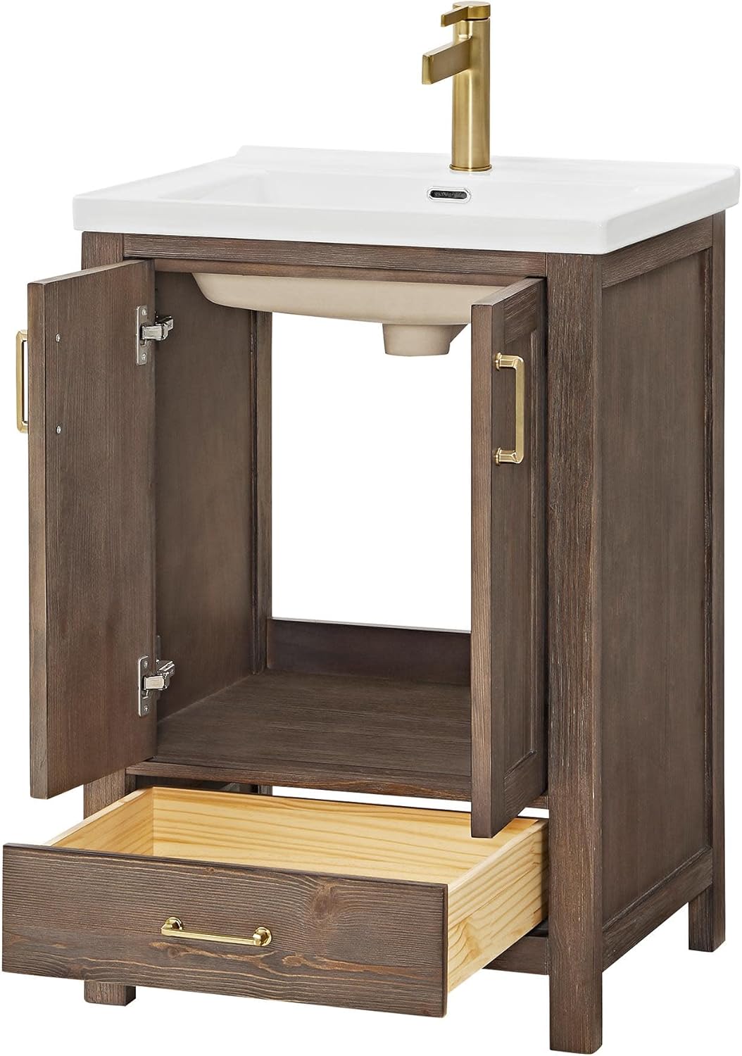 Miseno MV-NM-723024 Gela 24" Free Standing Single Basin Vanity Set with Cabinet and Ceramic Vanity Top - Fir Wood Brown/White