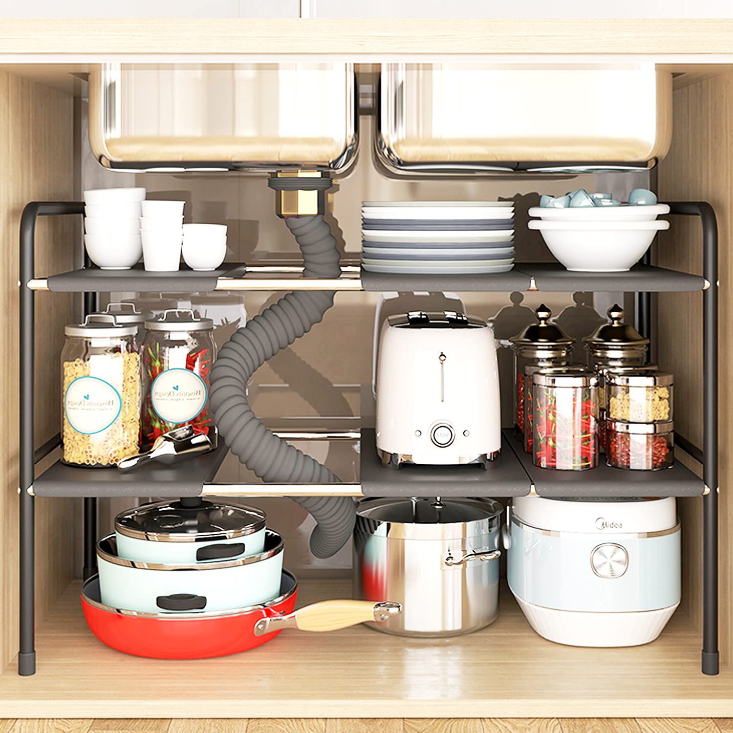 Rness Under Sink Organizer and Storage 2 Tier Expandable Multifunctional Rack