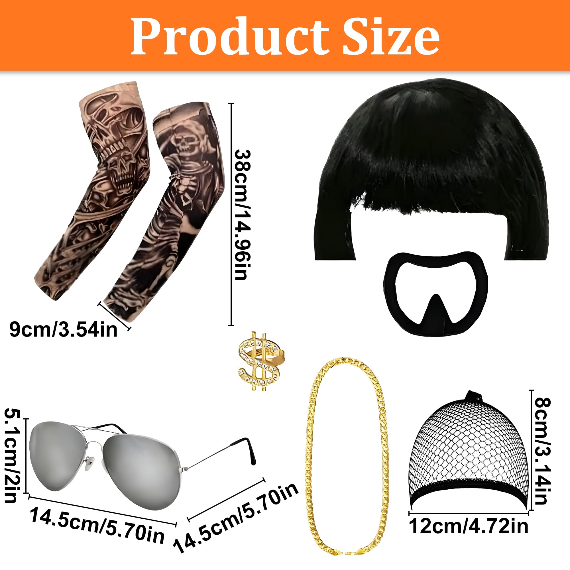 MOSNOW Costume Kit, 9PCS Funny Fancy Dress with Bowl Cut Wig, Tattoo sleeve,Goatee & Gold Chain, Black and Gold - Image 2