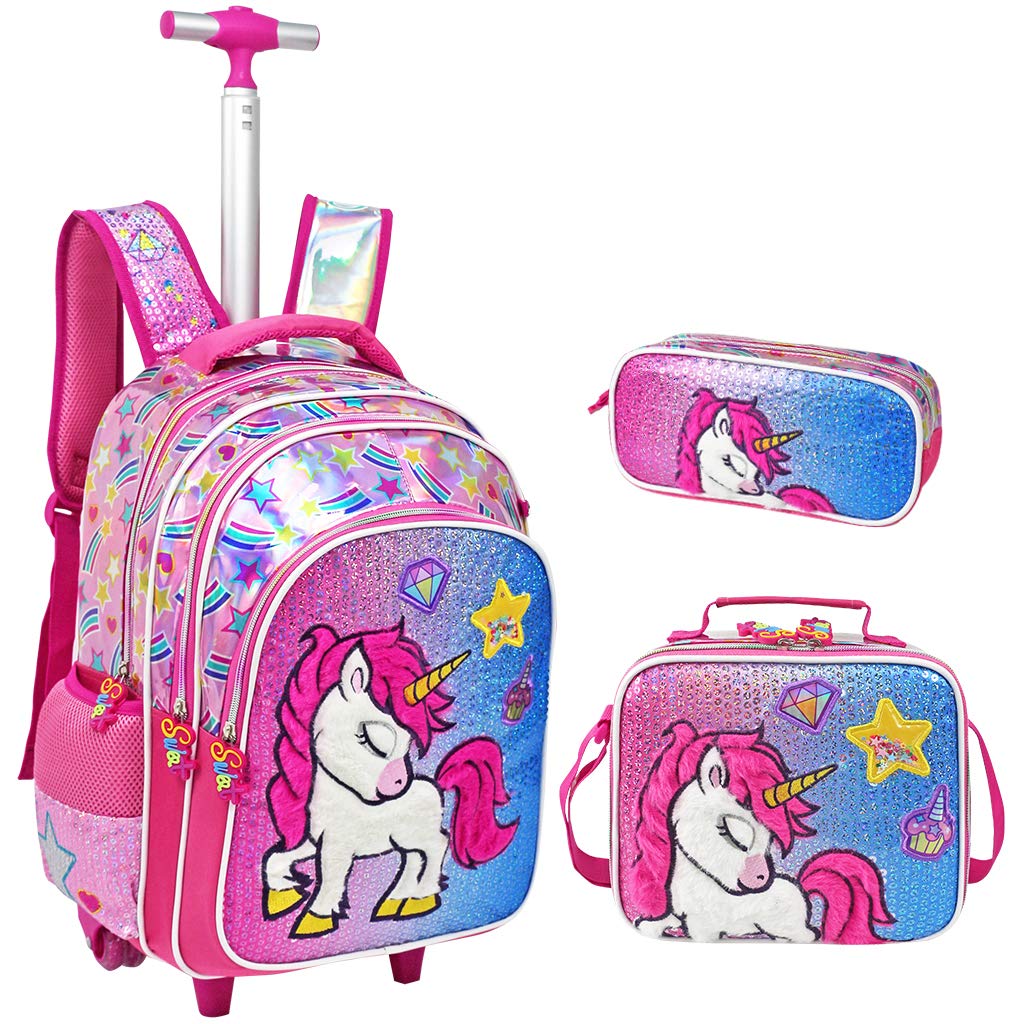 IvyH Mochilas Escolares con Ruedas Niñas, Mochila con 2 Ruedas Carro y Bolsa del Almuerzo y Estuche de Lápices Bolsos Escolares para Niños Chicas