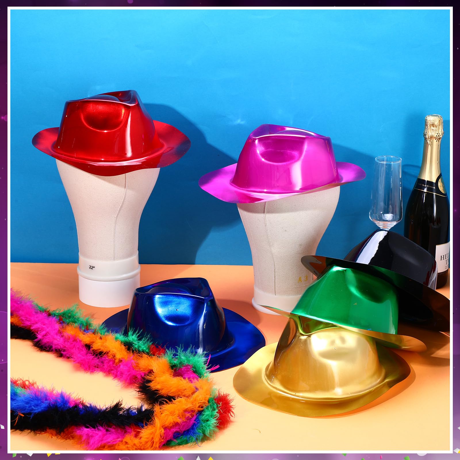 48 piezas de suministros de fiesta de neón, 24 sombreros de fiesta de gángsters, 24 boas de plumas coloridas, sombrero de neón de plástico metálico para carnaval