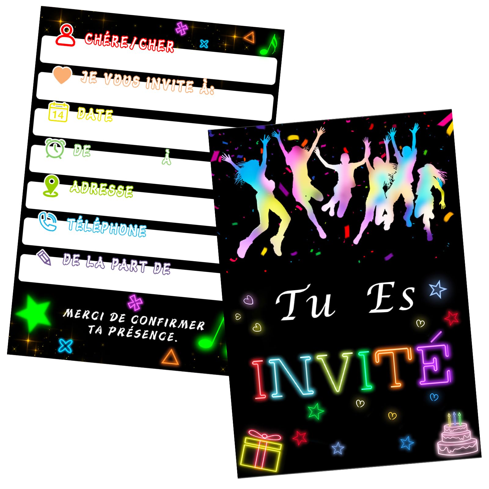EVTI 10 Invitations Anniversaire Néon à Gratter Blacklight - Thème Glow Party Fille Garçon, Cartes Créatives En Français Avec Enveloppes