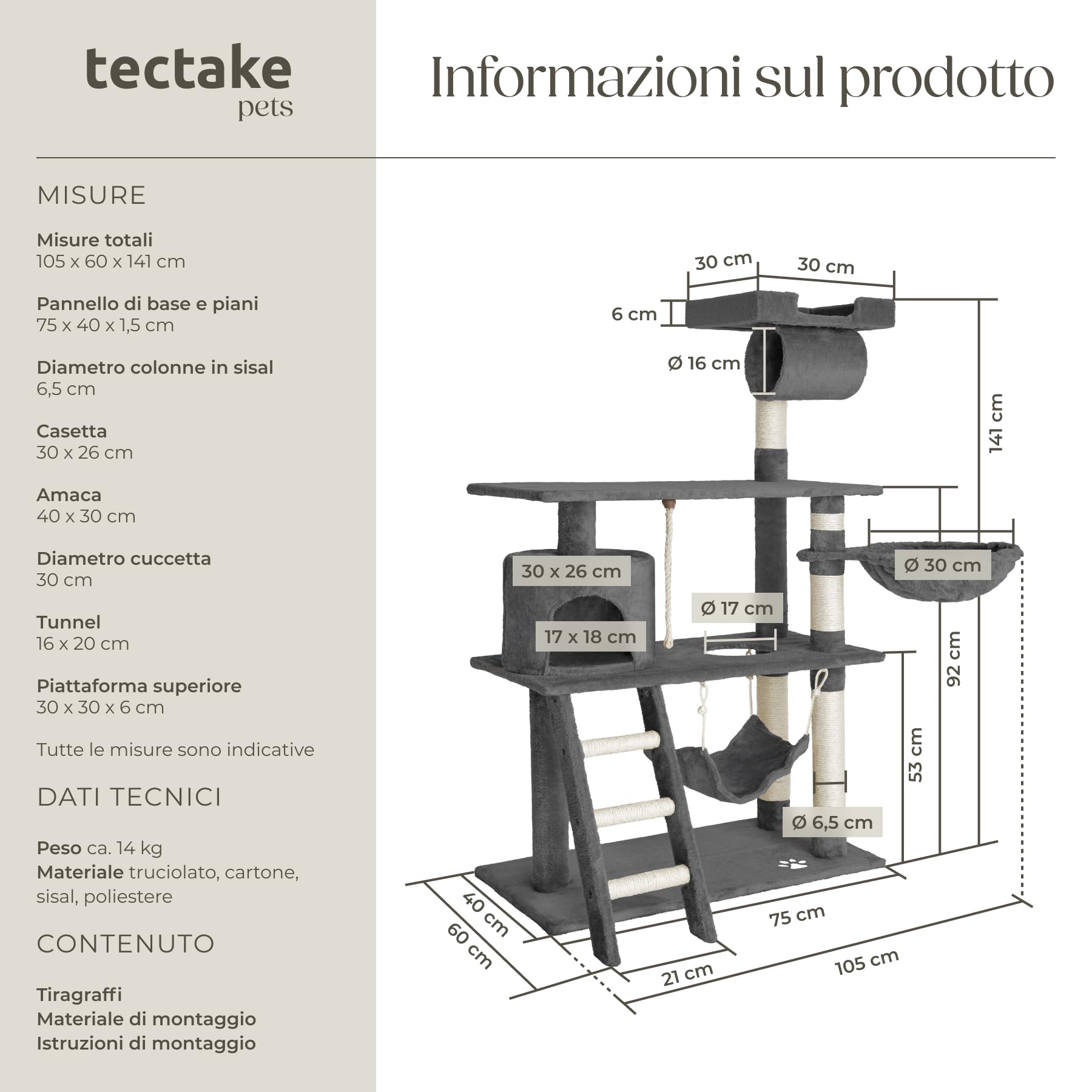 tectake® Tiragraffi per Gatti, Multifunzionale, Tiragraffi Gatto con Amaca, Albero per Gatti con Piattaforme Elevate e Colonne in Sisal, Albero Gatti Ideale per Gioco e Relax - Grigio
