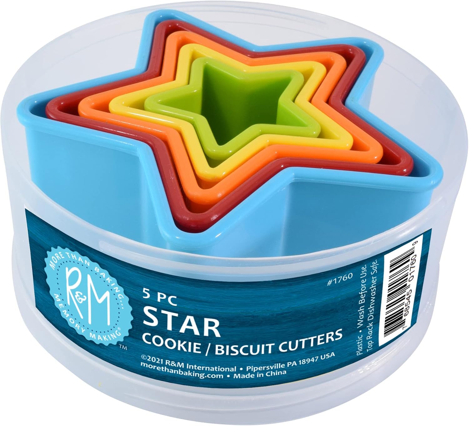 R&M International Star Cookie and Biscuit Cutters, Assorted Sizes, Bright Colors, 5-Piece Set