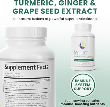 Folium Immuno Inflammation Support Supplement-Pine Parts, GrapeSeed, Ginger, Turmeric, Green Tea, White Pepper & Pomegranate-90 Count