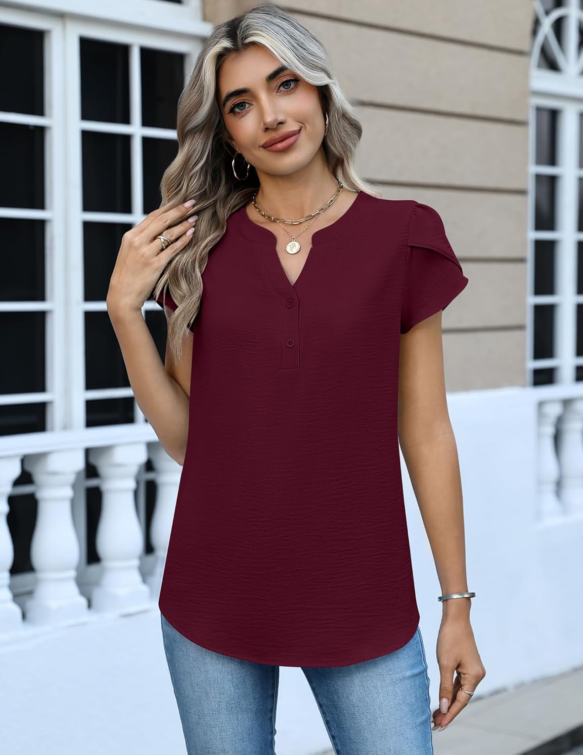Zeagoo Womens Tops Dressy Casual Textured Blouses Cap Short Sleeve Shirts V Neck Button Up Summer Spring Work Tshirt Clothes - Image 5