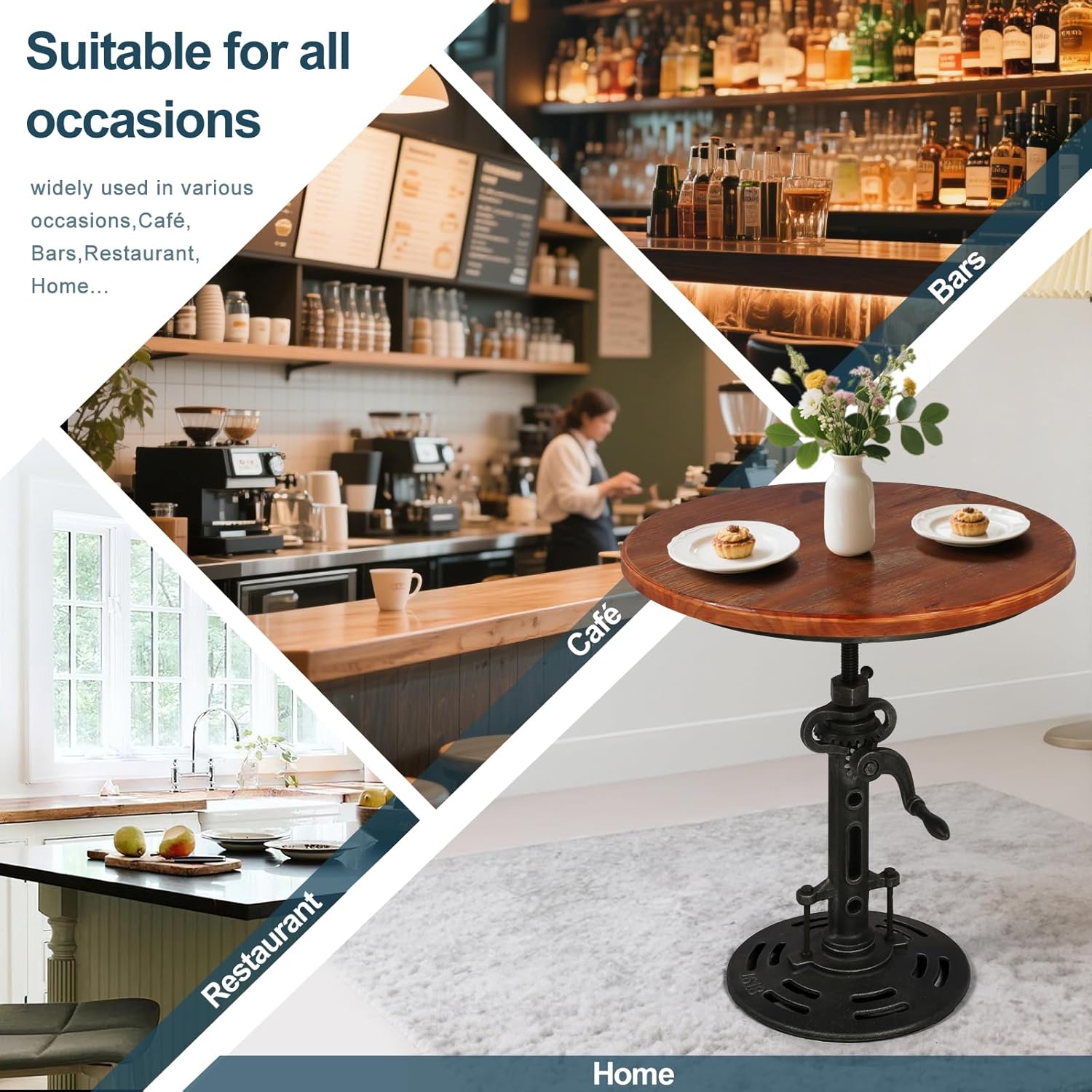 Topower Industrial Retro Side Table end Table Antique Mechanic DIY Crank Height Ajustable Cast Iron Base Table Farmhouse Accent End Table Silver