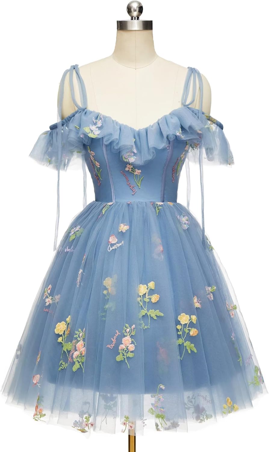 Flower Embroidery Tulle Short Homecoming Dresses for Junios 2025 Prom Dresses for Teens A Line Mini Spaghetti Strap Formal Cocktail Gowns for Women Dusty Blue Us14