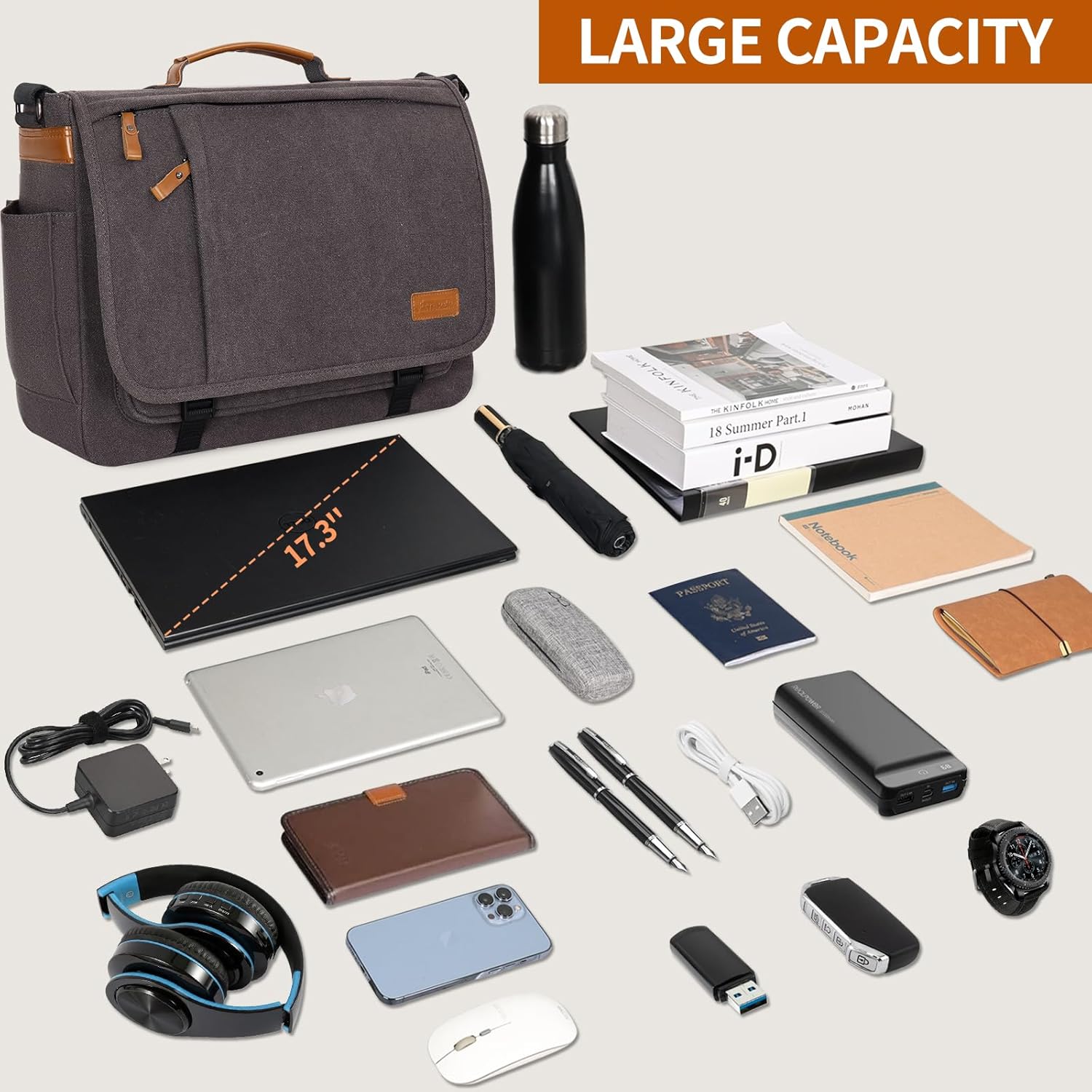 ESTARER Men Messenger Bag 17-17.3 Inch Laptop Bag Water-resistant Canvas Computer Shoulder Bag Briefcase for Work College Travel, Grey - Image 6