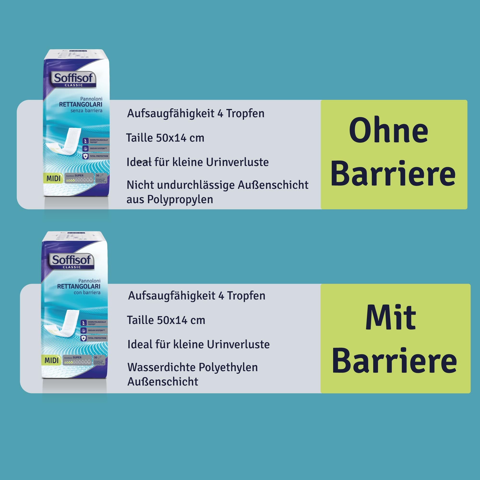 Soffisof Classic Rechteckige Windel mit Barriere für Erwachsene - 240x Inkontinenz Windeln - 8 Packungen mit 30 Windeln, 4 Tropfen - Einwegwindeln
