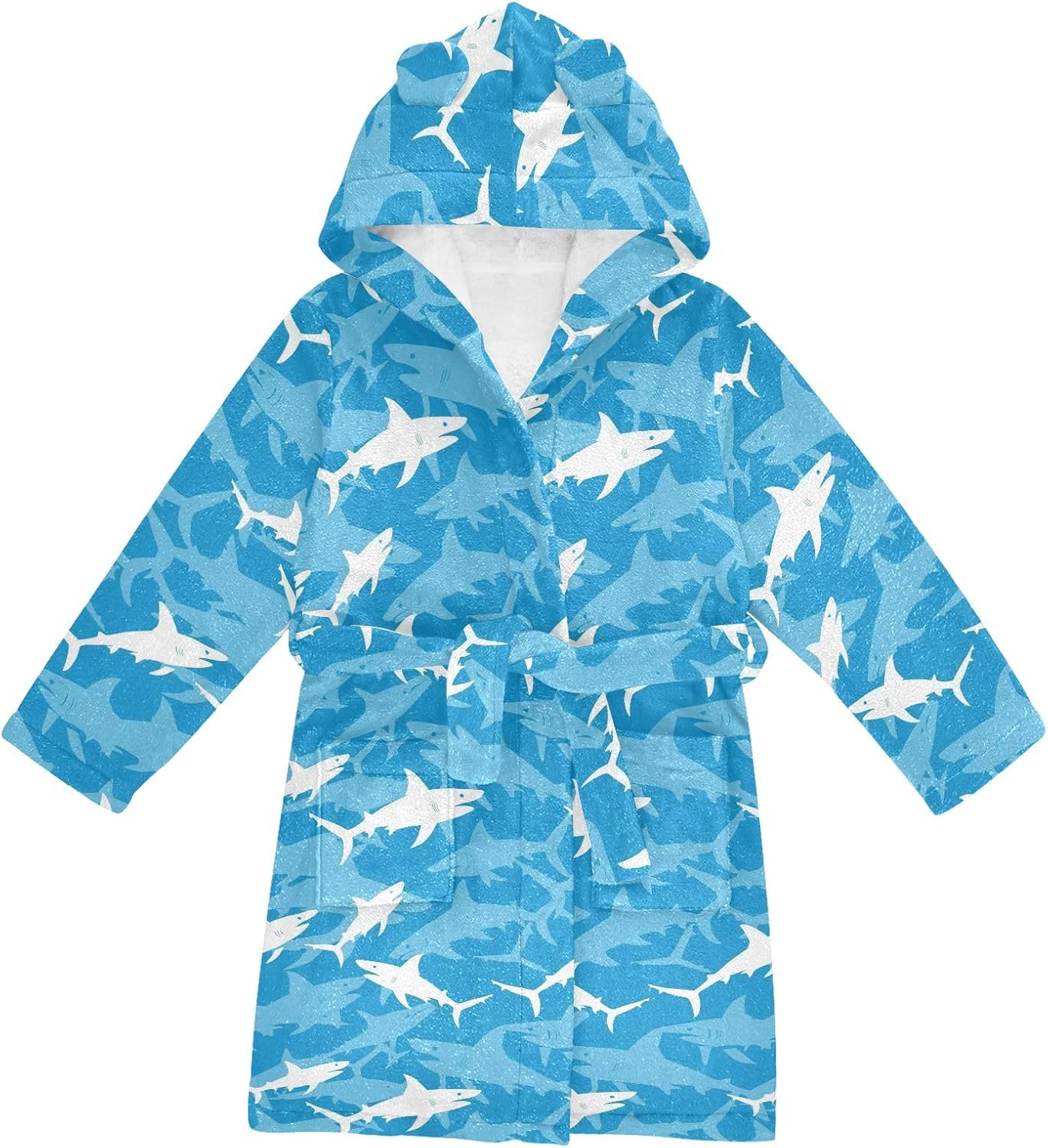 Blue Shark Silhouettes Toddler Hooded Bathrobe for Boys Girls Soft Plush Bath Towel Robe 2-12 Years
