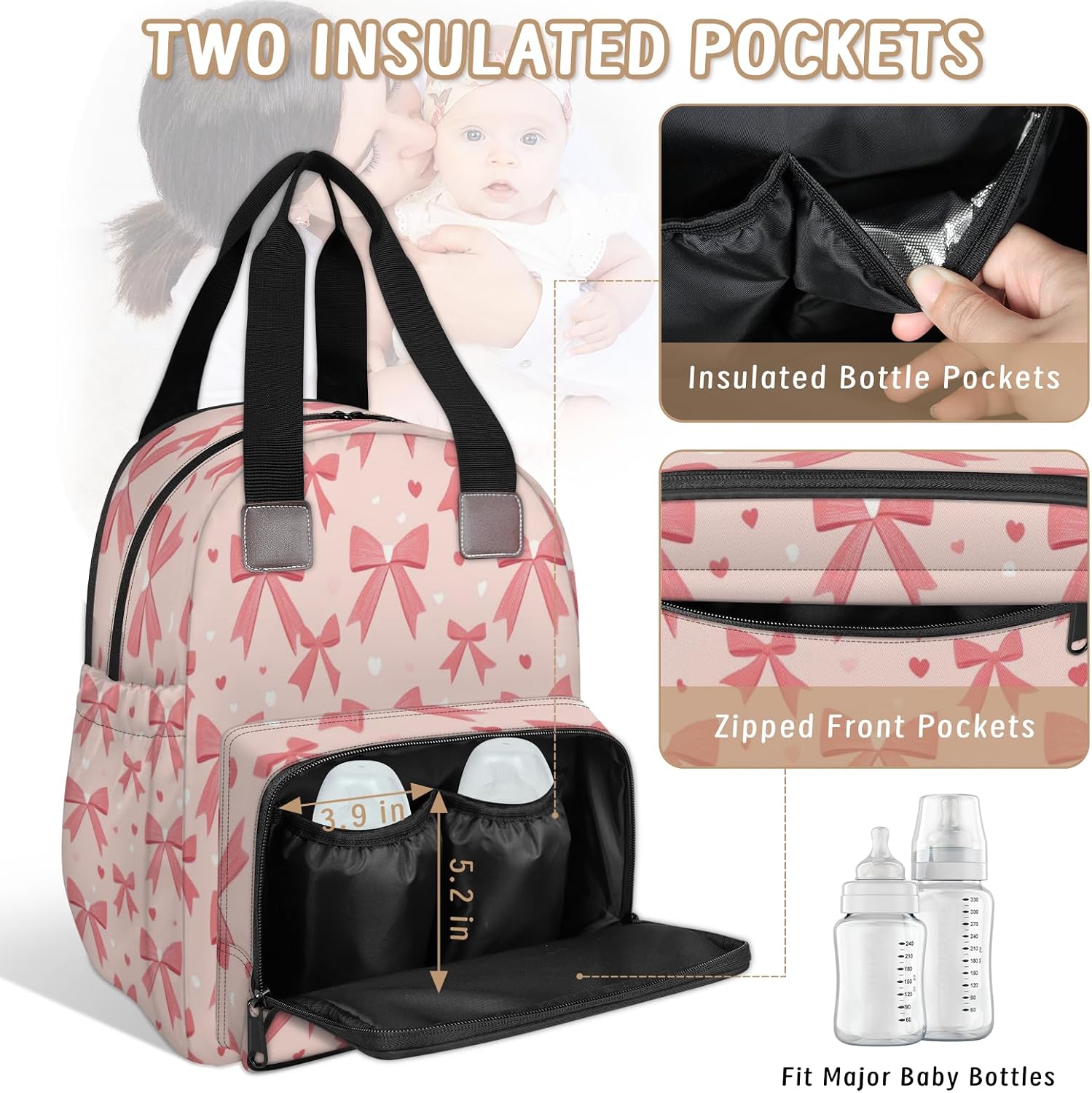 Pink Bow Ribbon Diaper Bag Backpack Essentials Travel Tote Multifunction Waterproof Bag with Stroller Straps USB Charging Port