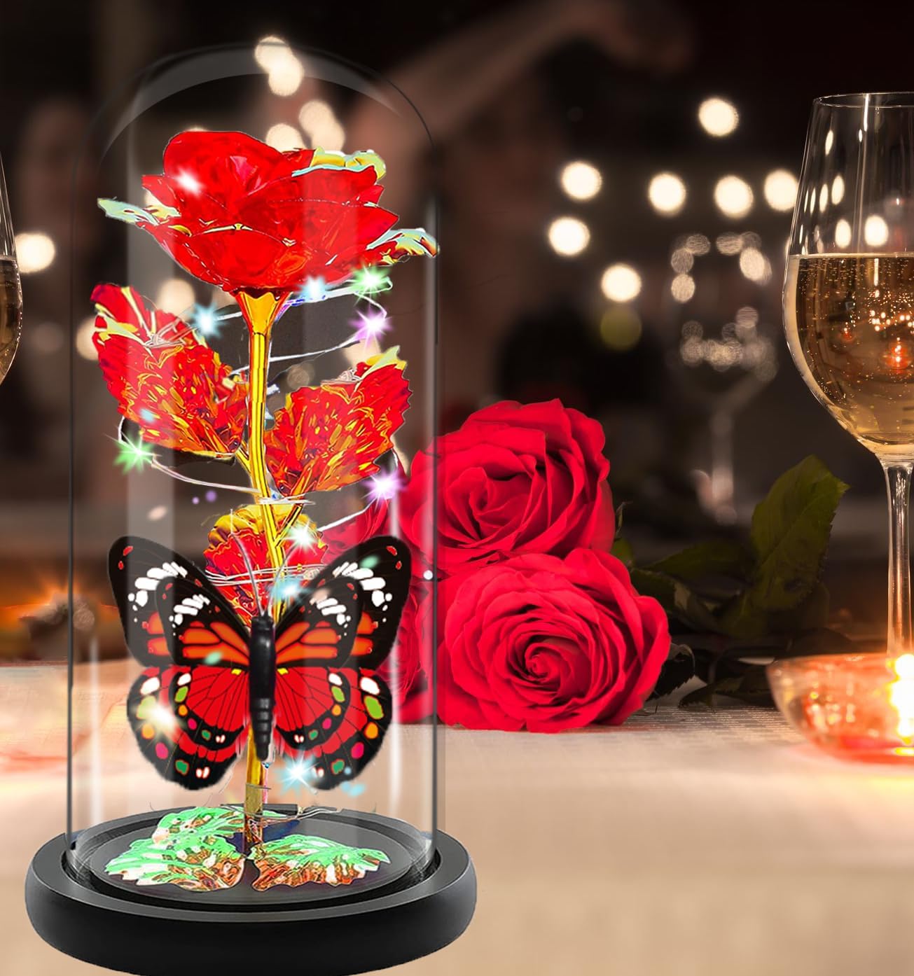 Birthday Gifts for Women, Gifts for Mom, Rose Glass Flowers Galaxy Crystal Light Up Rose in A Glass Dome with Butterfly, Presents for Mom Wife Girlfriend Her, Mothers Day Anniversary Red