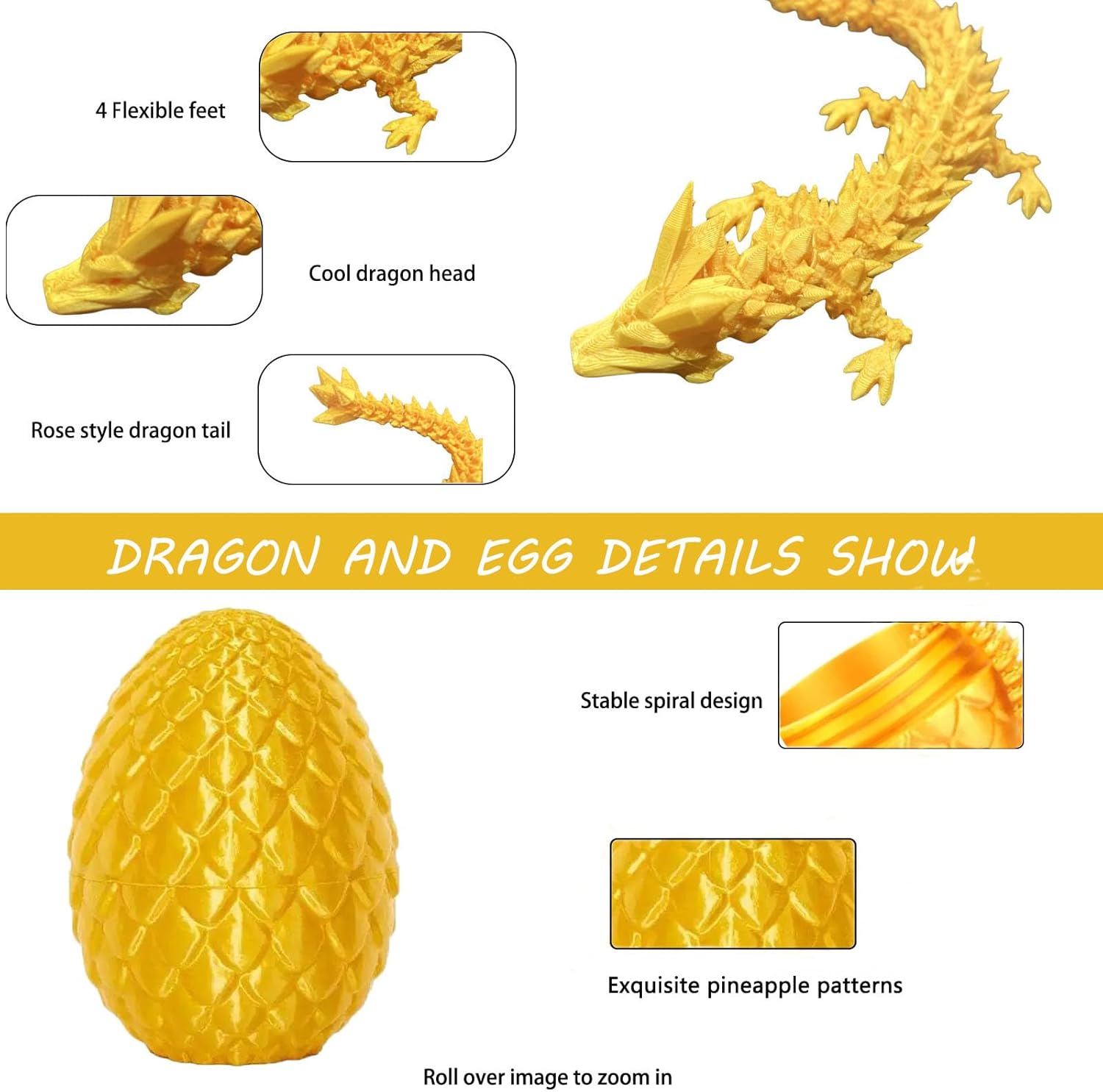 Dragon Eggs with Dragon Inside, 3D Printed Surprise Funny Gifts for Kids, Articulated Fidget Toys for Adults, Ideal Easter Basket Stuffers, Unique 3D Dragons Collectibles(Silk Gold)