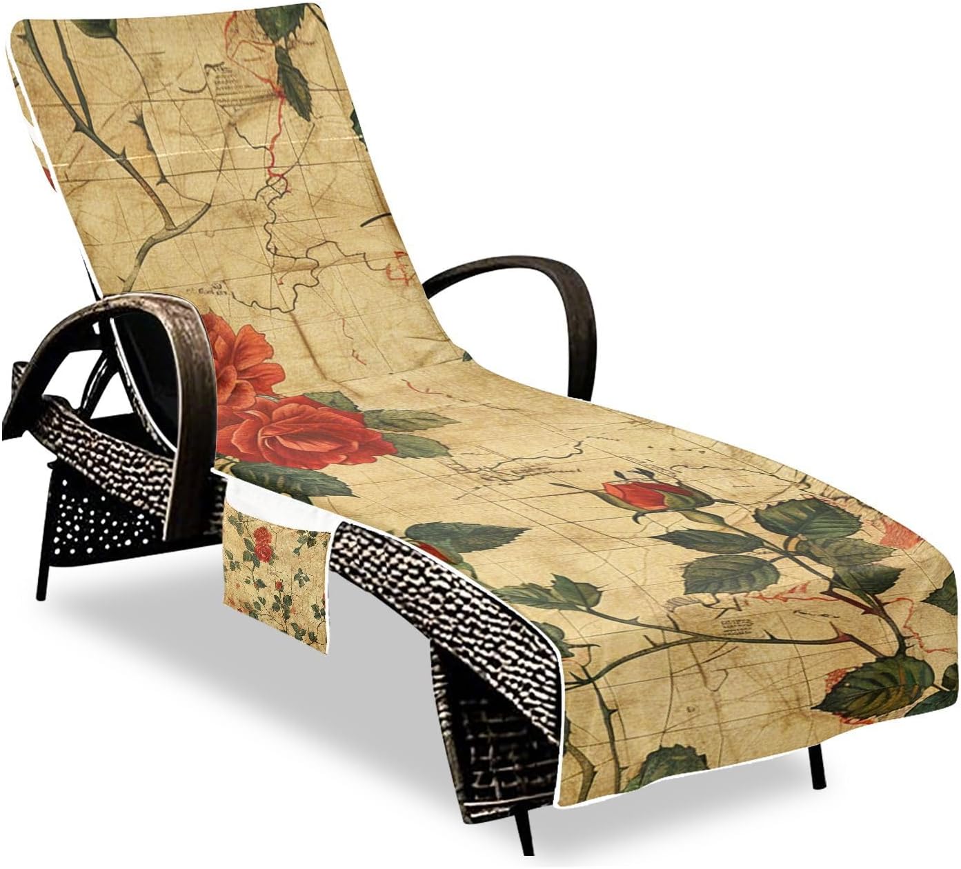 Vintage Retro Red Rose Patio Chaise Lounge Chair Cover Soft Absorbent Polyester Pool Beach Chair Towel Covers for Beach Garden Courtyard Trips, 85" X 30"
