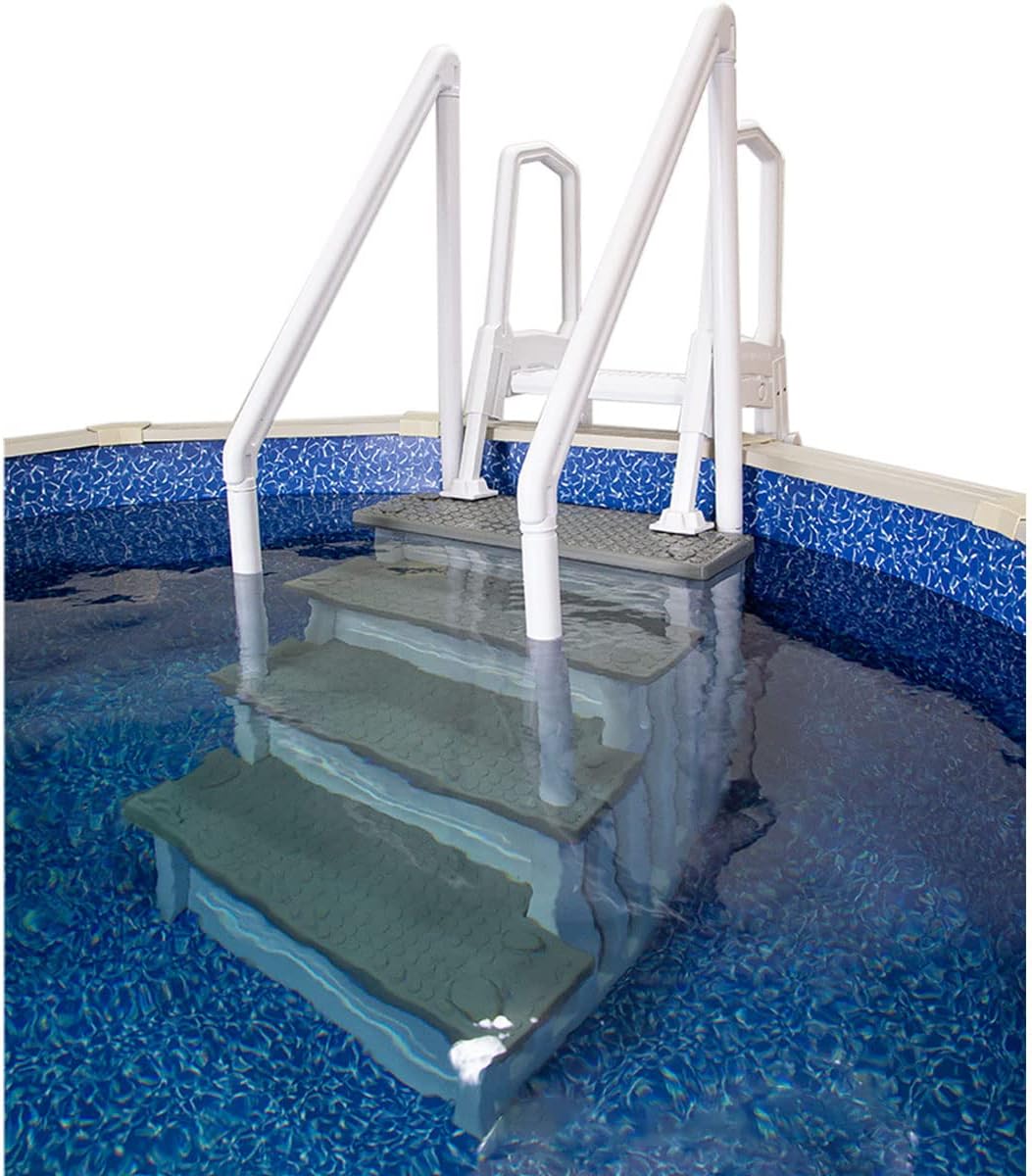 Aqua Select Anti-Slip in-Pool Steps with Outside Flip-Up Ladder | White/Gray Steps | for Above Ground Swimming Pools | Can Mount to Decks 48" to 54" H | Safety Stairs Capacity Up to 350 lbs