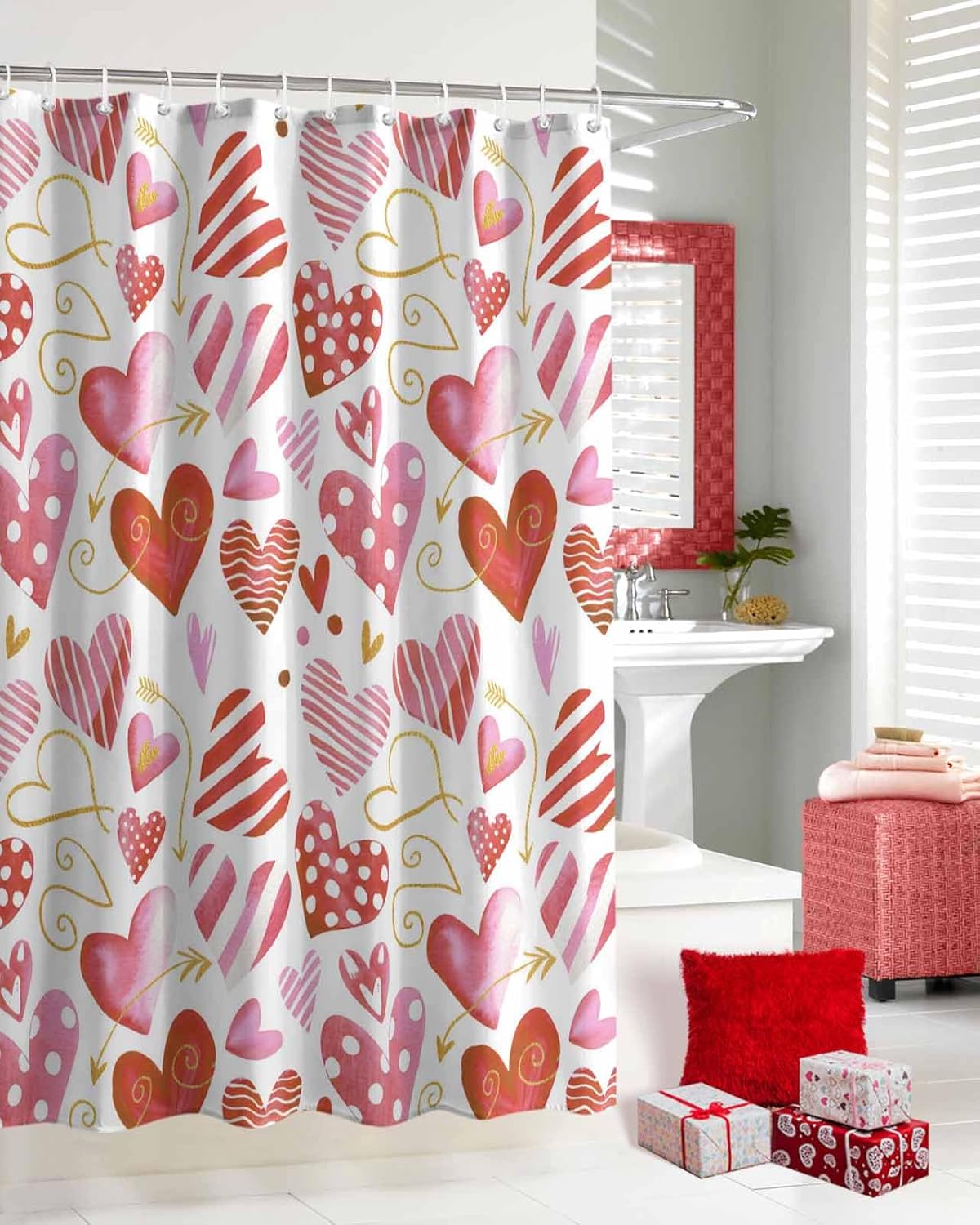 Valentine's Day Shower Curtains for Bathroom Heart Red Pink Shower Curtain Set with Hooks Watercolor Valentines Day Decorations Bath Curtain Waterproof Polyester 72x84 Inch
