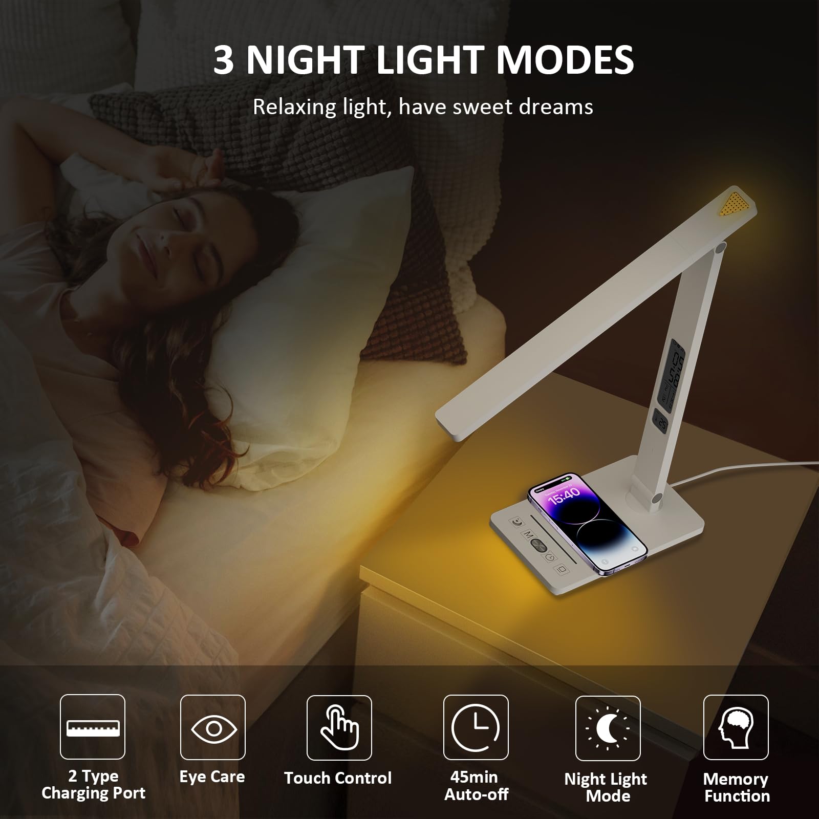 Lampada da Scrivania LED Tavolo Touch Control 3 Modalità 5 Livelli Luminosità Wireless USB Ricaricabile Telefono Luce Lettura Cameretta Ufficio LCD Calendario Temperatura Sveglia (5 Colore Bianca)