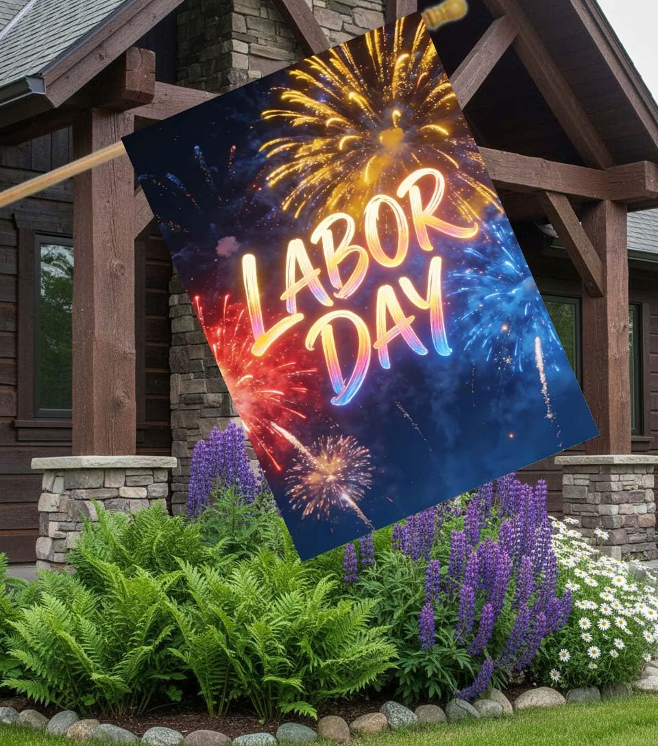 American Labor Day Fireworks Celebrate Holiday House Flag 28 x 40 Inch, Double Sided Large Garden Yard Welcome Flags Banners for Home Lawn Patio Outdoor Decor