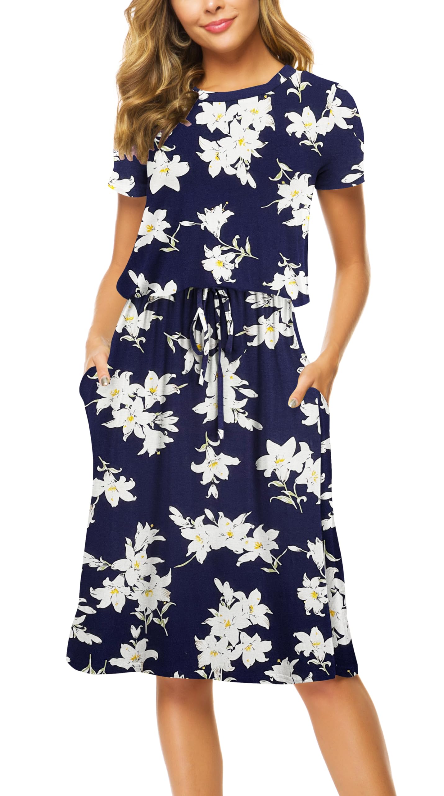 Women Spring Easter Flowy Modest Work Casual Midi Knee Dress Floral Lily Navy XL