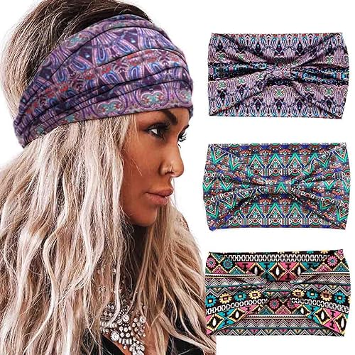 Aceorna Diademas bohemias anchas anudadas para el cabello, bandas elásticas estampadas, diademas bohemias para mujeres y niñas, 3 piezas (juego A)
