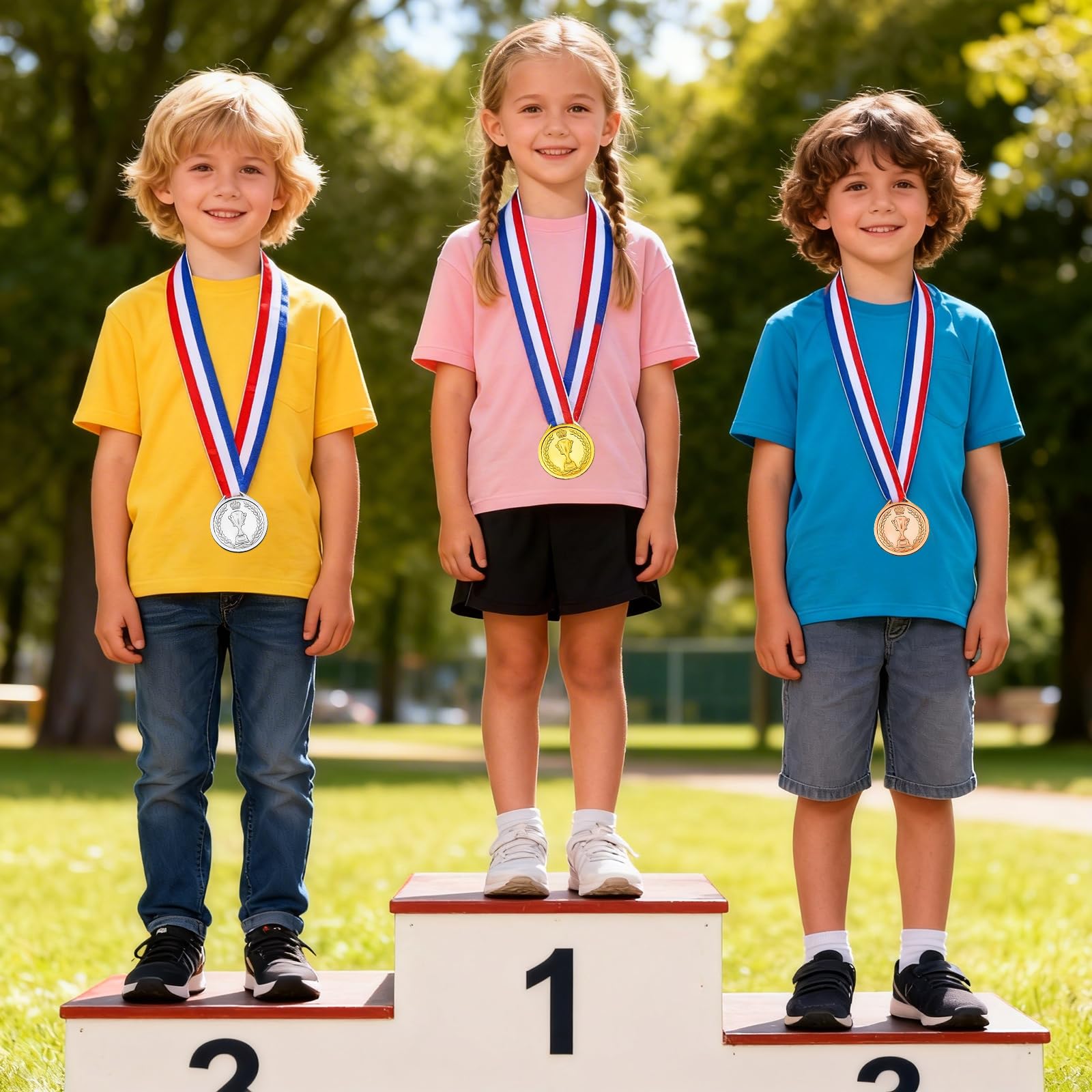 Lot de 30 Medaille, Medaille Enfant, Medailles, Medailles Enfant, Médaille et Trophée Récompenses avec Ruban Rouge Blanc Bleu Pour Sport, École, Anniversaire, Jeux, Concours, Cérémonie 4,2x3,7cm