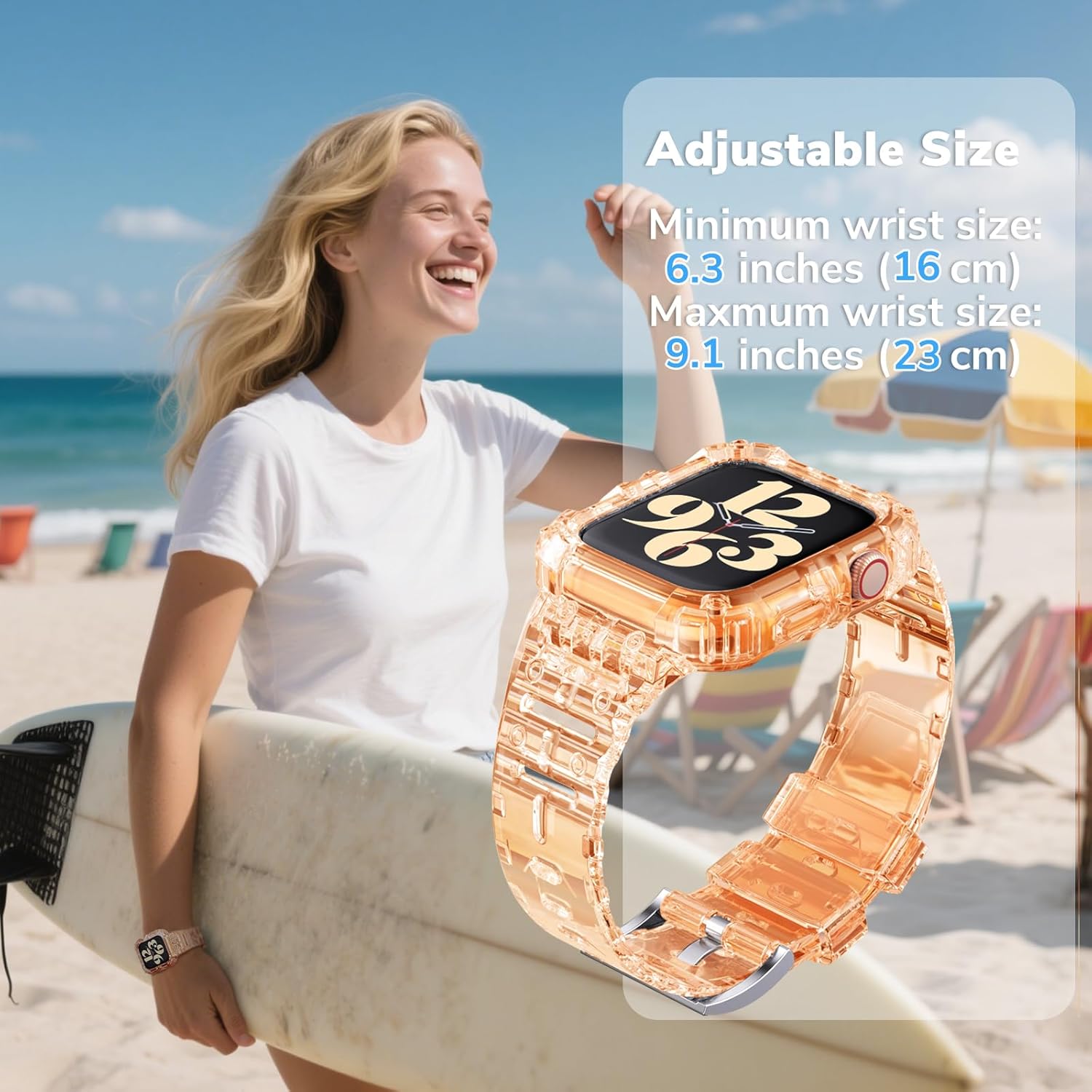 ANCOOL Compatible with Apple Watch Clear Band 45mm 44mm 42mm for Women Men, Crystal Bands with Bumper Case for iWatch Series 9 8 7 SE 6 5 4 3 2 1, Clear Orange+Red - Image 5