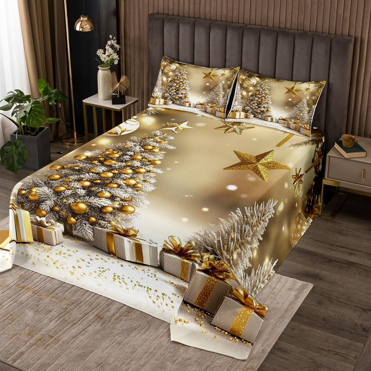 Erosebridal Christmas Tree Queen Quilt | Golden Xmas Gifts Decorations Bedding Set | Winter Themed Snowflake Quilts Bed Set for Kids Adults | Holiday Bedspread 3 Piece Bedroom Decor