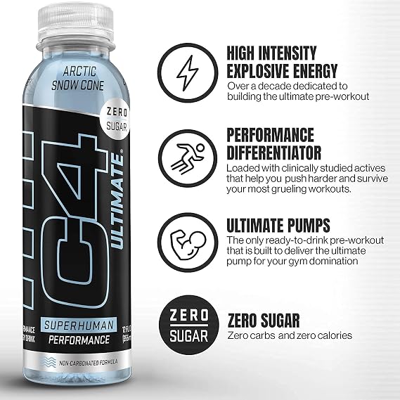 C4 Ultimate غير الكربوني صفر مشروب طاقة ، مشروب ما قبل التمرين + بيتا ألانين ، 12 Fl Oz (حزمة من 12)