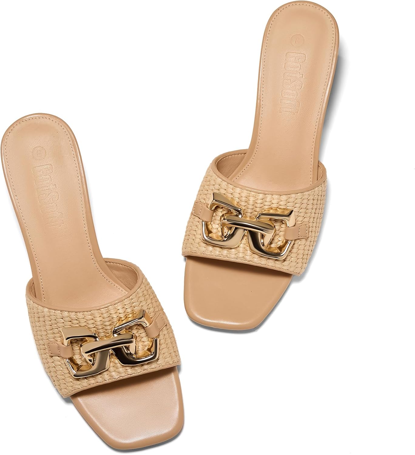 Women's Raffia Slide Sandals Square Open Toe Sandal Chunky Heeled Metal Chain Dressy Shoes - Image 4