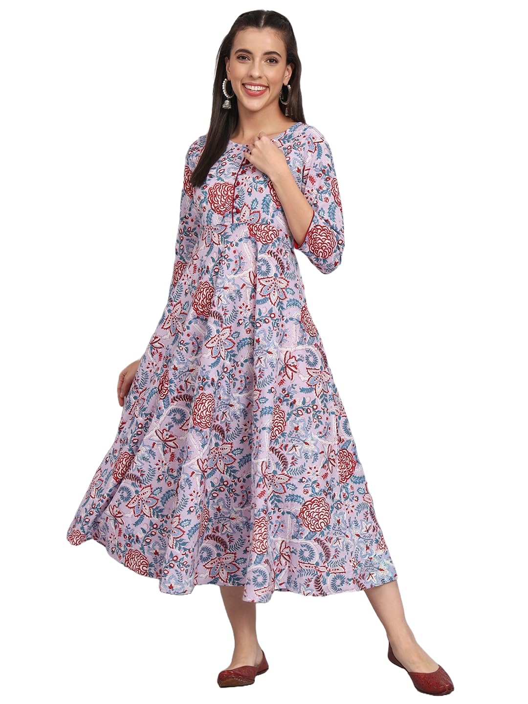 RapsodiaWomens Cotton Green & Brown Floral Printed Flared Kurta