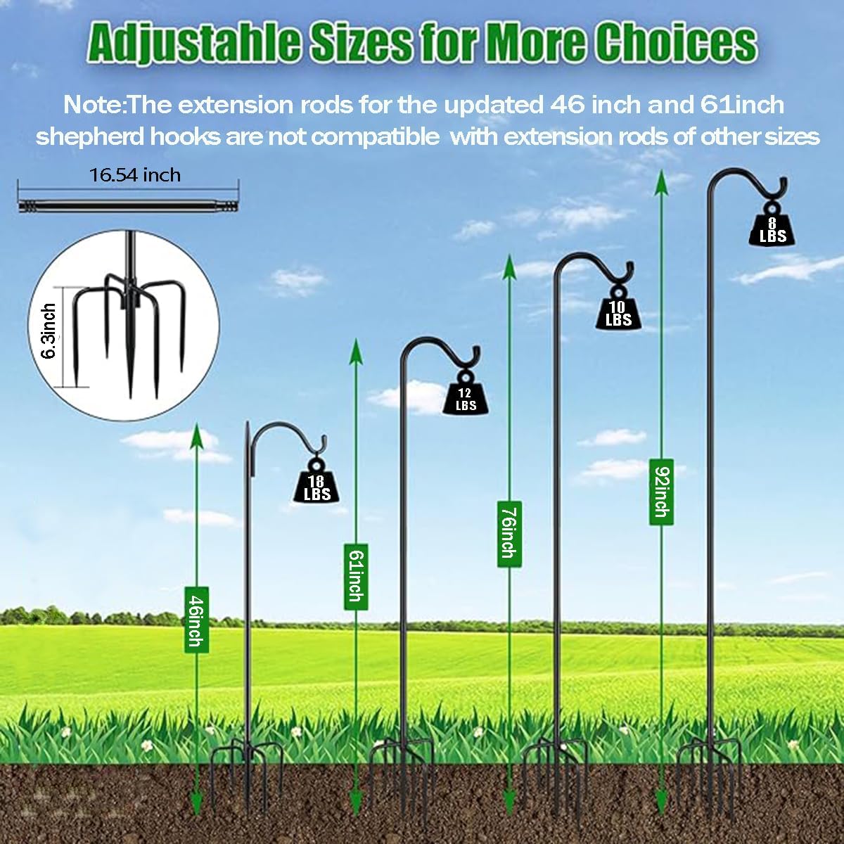 CMASTER Shepherd Hook for Outdoor, 1 Pack 193cm Bird Feeder Pole with 5 Prong Base Heavy Duty Adjustable Garden Hook for Hanging Plant, Hummingbird Feeder, Lantern(76 Inch)
