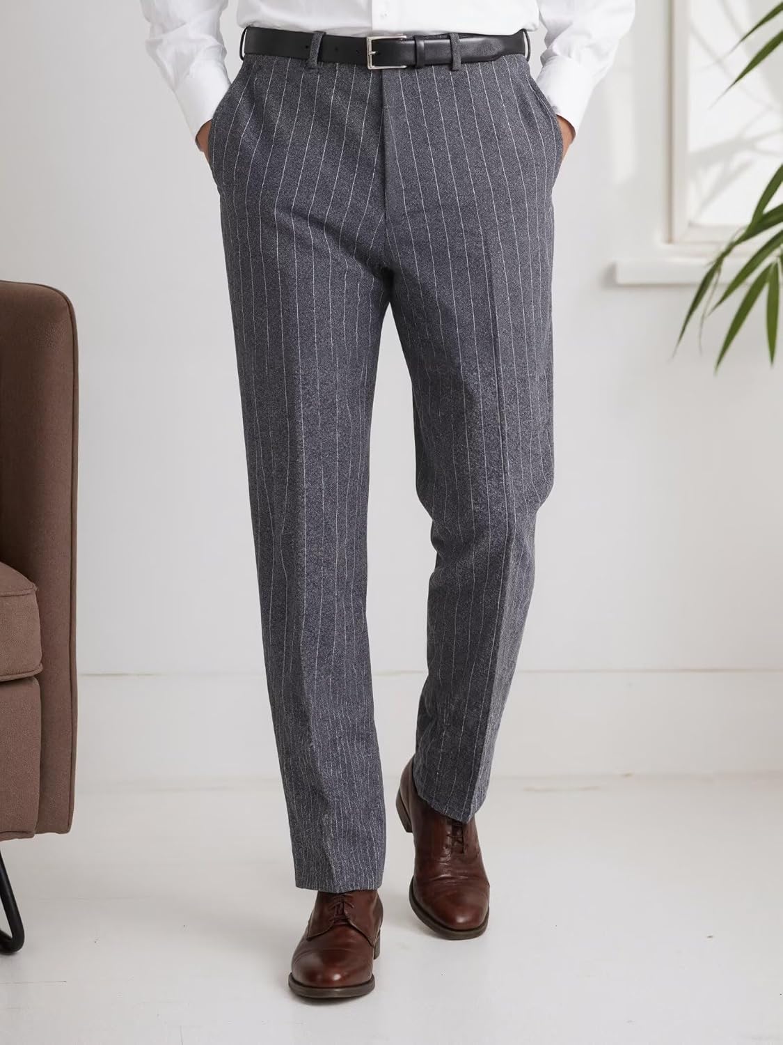 Pinstripe Pants for Men Winter Regular Fit Mens Dress Pants Straight Leg Business Casual Trousers