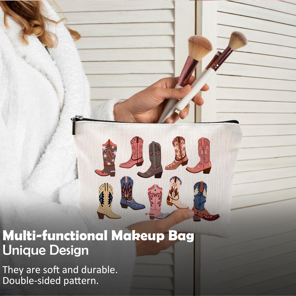 Western Makeup Bag - Cowgirl Gifts, Boho Western Cowboy Boots Makeup Cosmetic Bag for Purse - Image 4