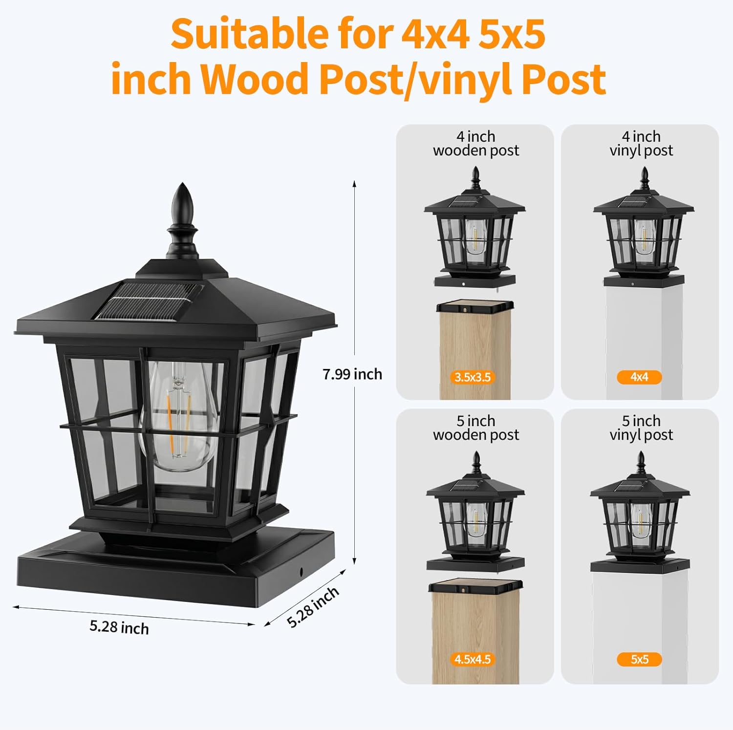 JOFIOS Solar Post Lights 4pack, 3-Color Temperature Dusk to Dawn Solar Lamp Post Light, Black IP65 Waterproof Outdoor Decorative Lamp for 4x4/5x5 Wood/Vinyl Posts, Garden Yard Deck Fence