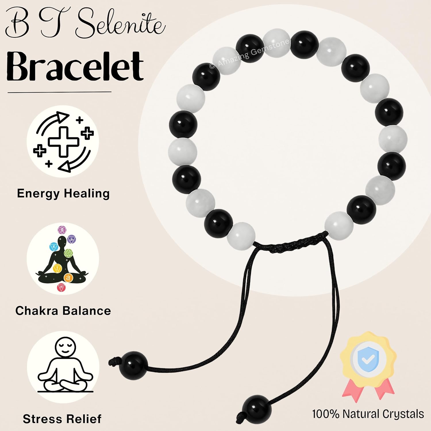 Amazing Gemstone Selenite Black Tourmaline Bracelet for Women Men's Gifts - Protection Healing Crystal Bracelet - 8mm Gemstone Beaded Adjustable Bracelet Pulseras Para Hombres Mujer Stocking Stuffers - Image 3