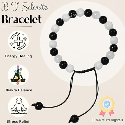 Miniatura 3 de Selenite Black Tourmaline Bracelet for Women Men's Gifts - Protection Healing Crystal Bracelet - 8mm Gemstone Beaded Adjustable Bracelet Pulseras