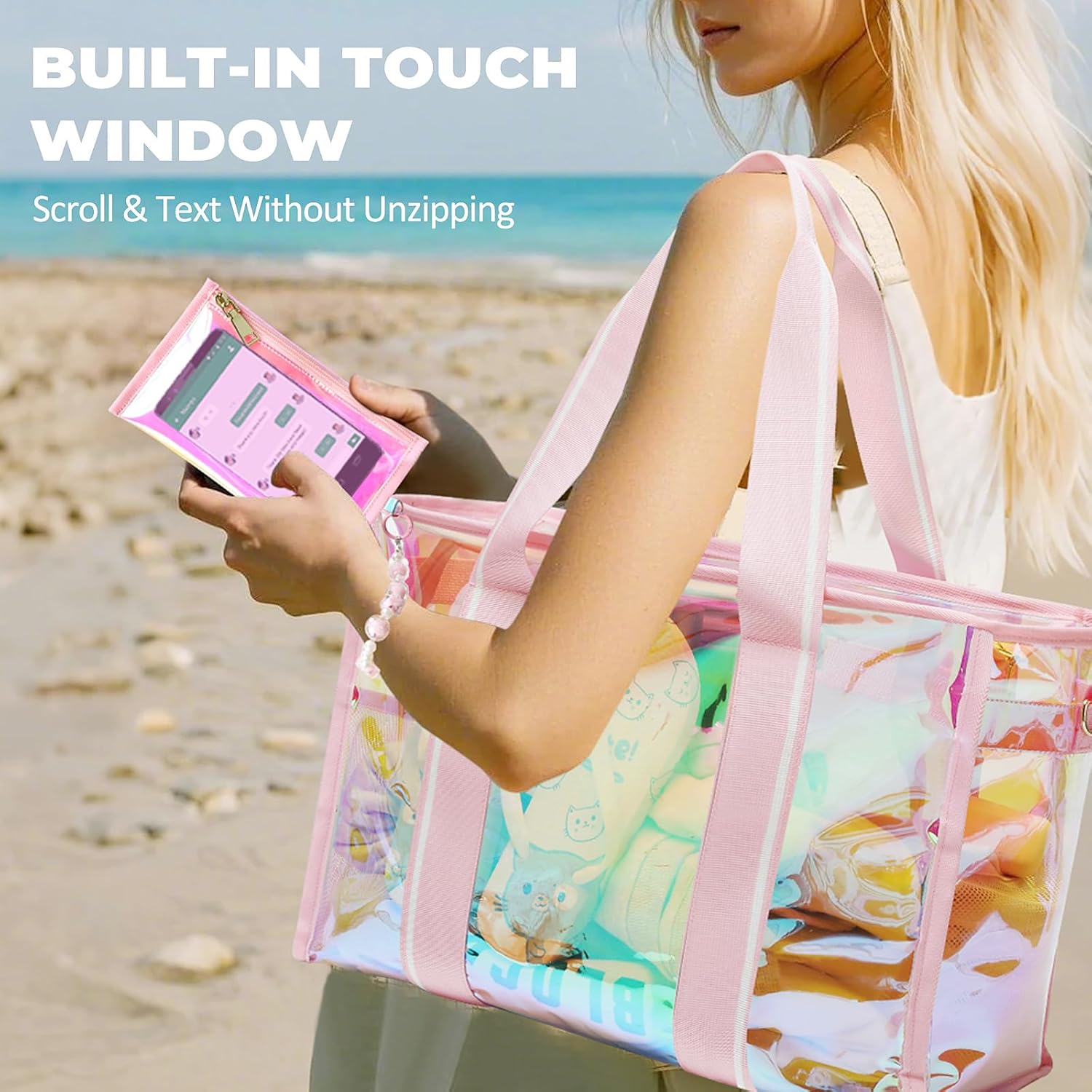 Large Beach Tote Bags for Women, 26L Iridescent Clear Tote Bag, Waterproof Tip-Proof Tote Bag for Beach, Gym - Image 6