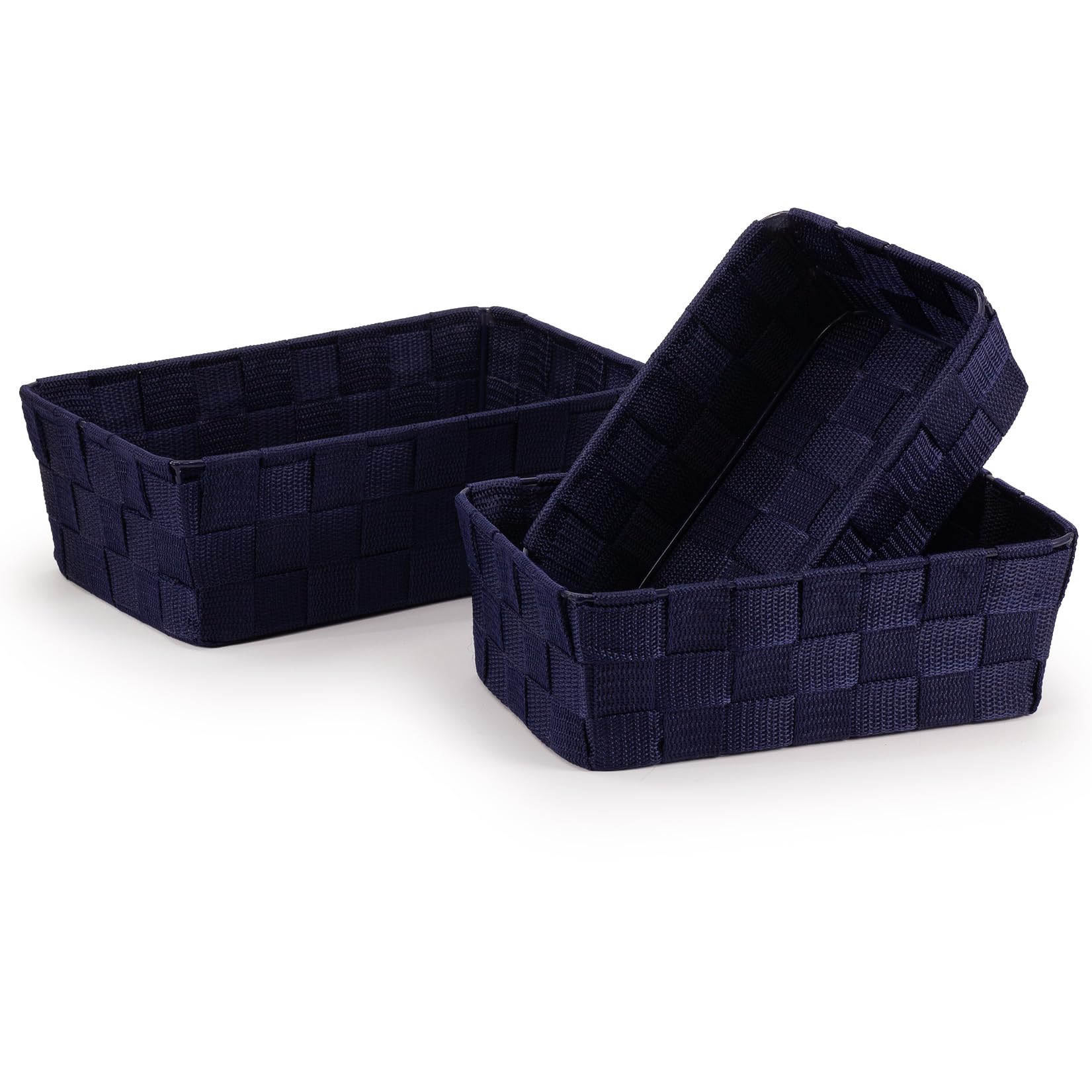 EHC Set of 3 Woven Nestable Storage Boxes, Lightweight Woven Basket for Shelves, Home Organiser Box, Gift Hamper Baskets - Blue