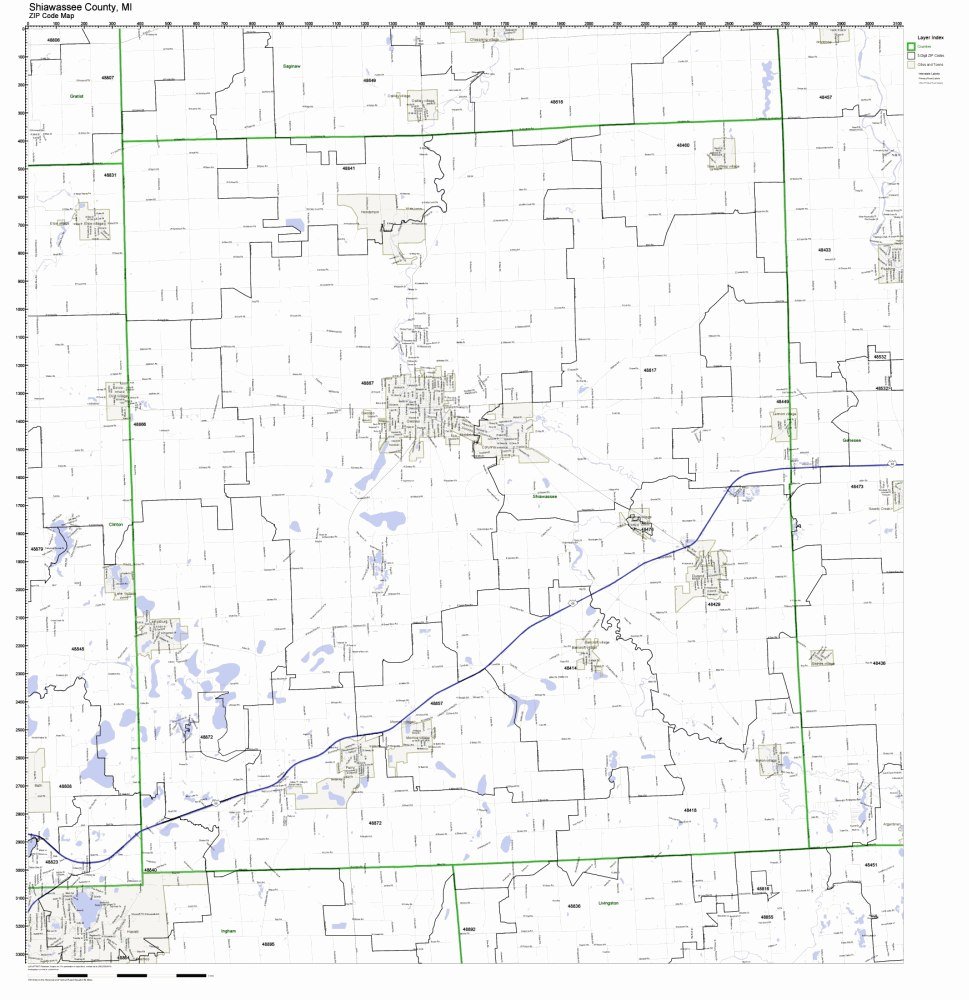 Shiawassee County, Michigan MI ZIP Code Map Not Laminated Office Products