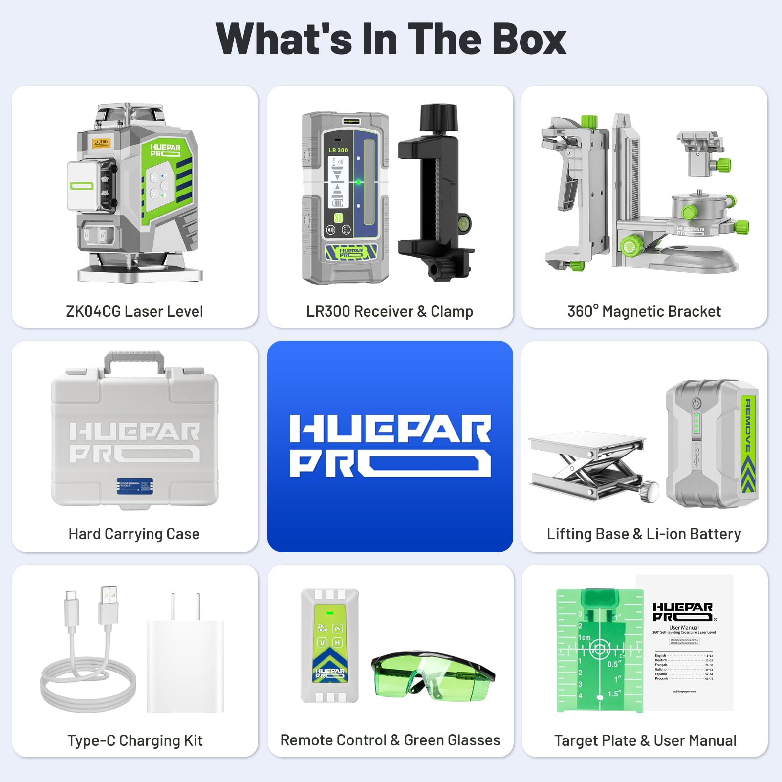 Huepar Pro Outdoor Nivel Láser con Receptor, 4 * 360° Autonivelante con Láser Verde, Nivelación de Alta Precisión en 4D con Batería de Iones de Litio de 8000mAh, Control Remoto y Estuche Rígido