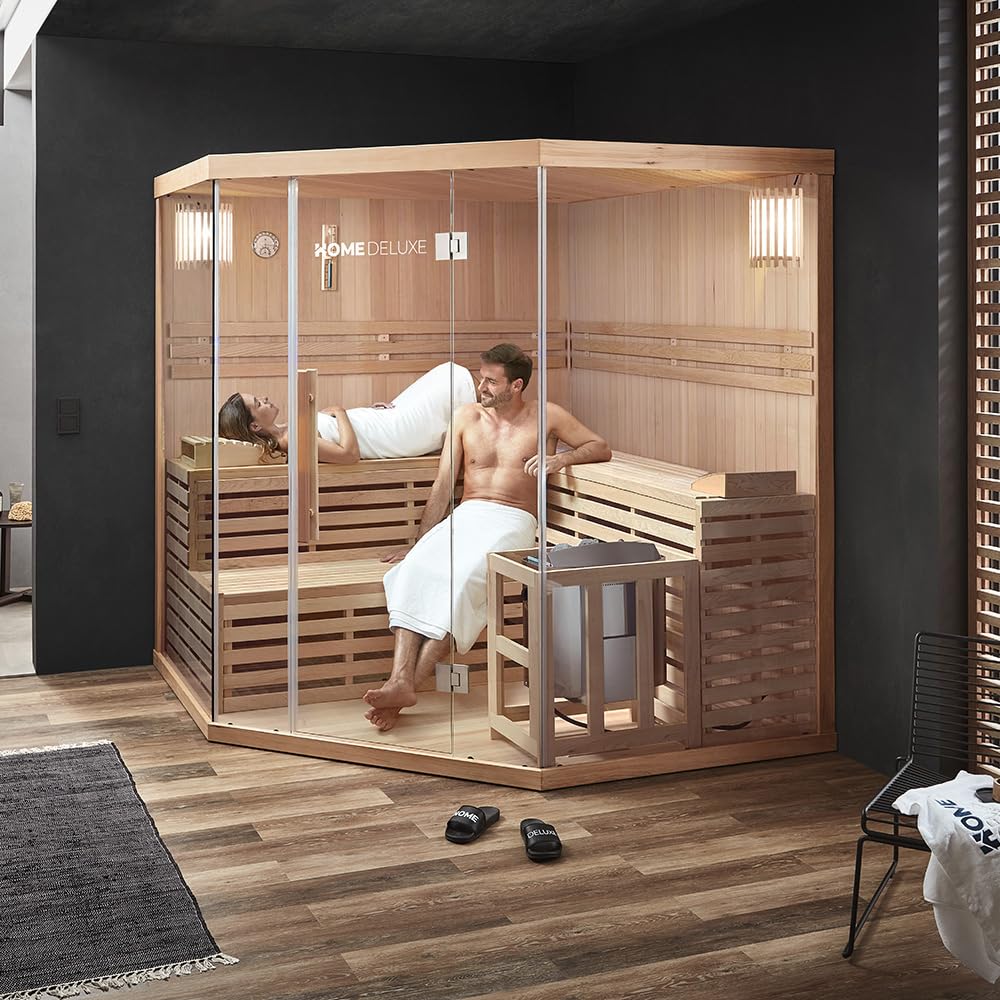 Home Deluxe - Traditionelle Sauna - Skyline XL Big - 200 x 200 x 210 cm - für 2-6 Personen, Hemlocktanne, inkl. Saunaofen, Saunazubehör I Dampfsauna Aufgusssauna Finnische Sauna Bio Sauna